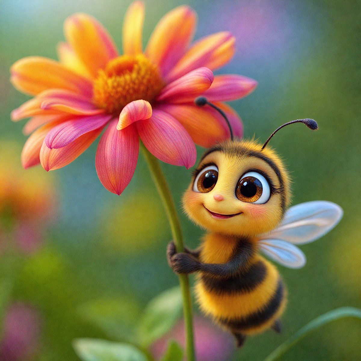 The primary subject of the image is a cute, colorful cartoon bee holding a pink flower. The setting is a garden with a variety of flowers, creating a vibrant and lively atmosphere. The visual style is a combination of digital art and illustration, giving the scene a whimsical and playful appearance. The dominant colors are pink, orange, and yellow, which contribute to the cheerful and warm mood of the image.